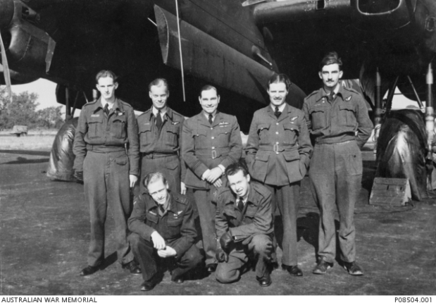 Group portrait of the Blind Marker crew of 35 Squadron, RAF, No 8 Pathfinder Group, based near Graveley, England.